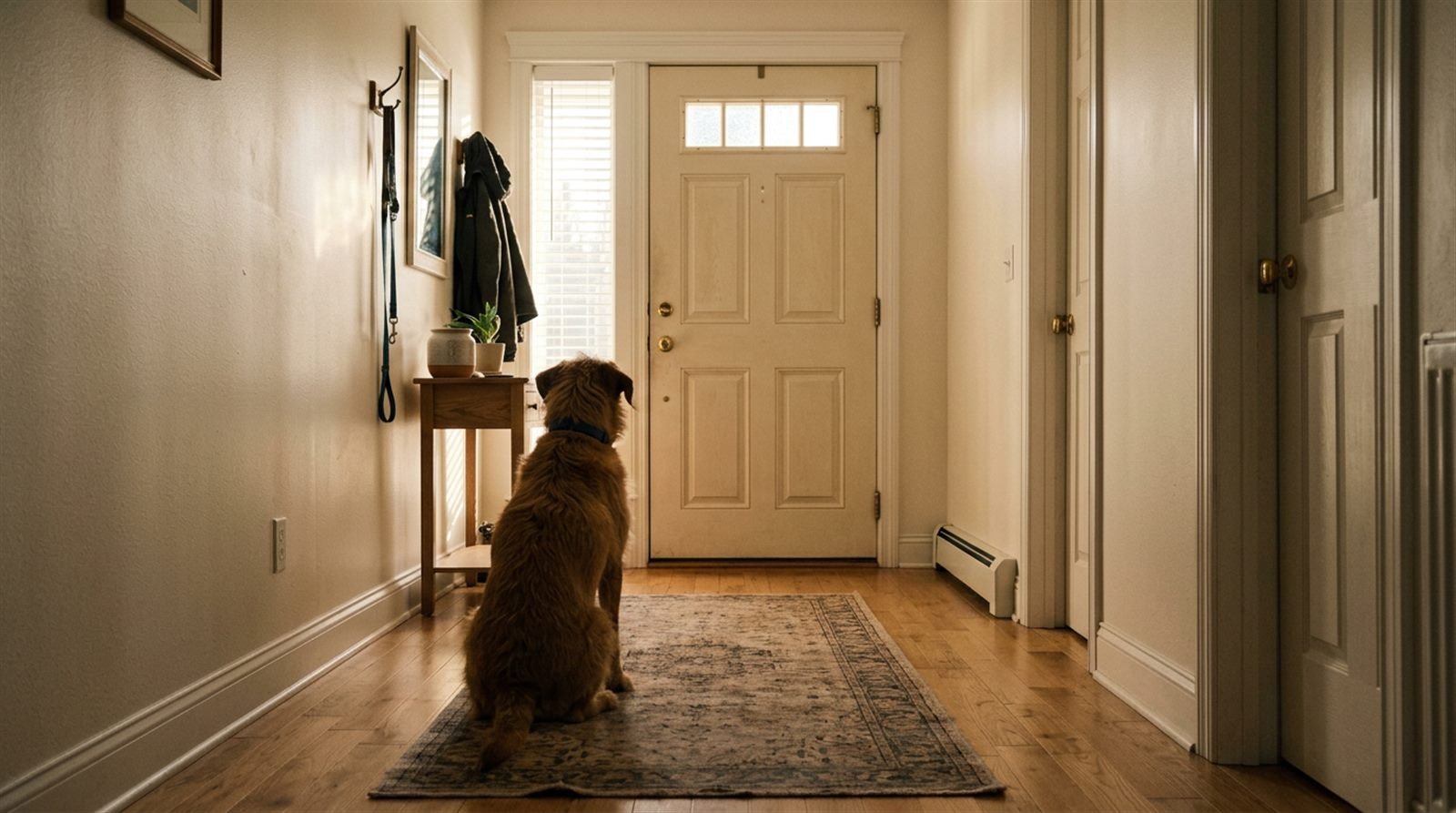 Anxious dog sitting by the front door of an empty hallway waiting for its owner