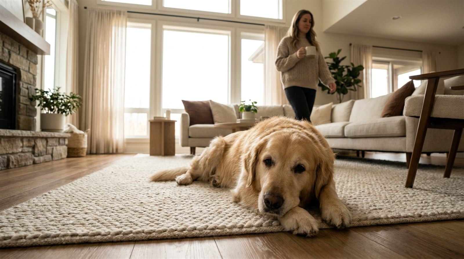 Calm adult dog lying on a living room rug while its owner sits nearby