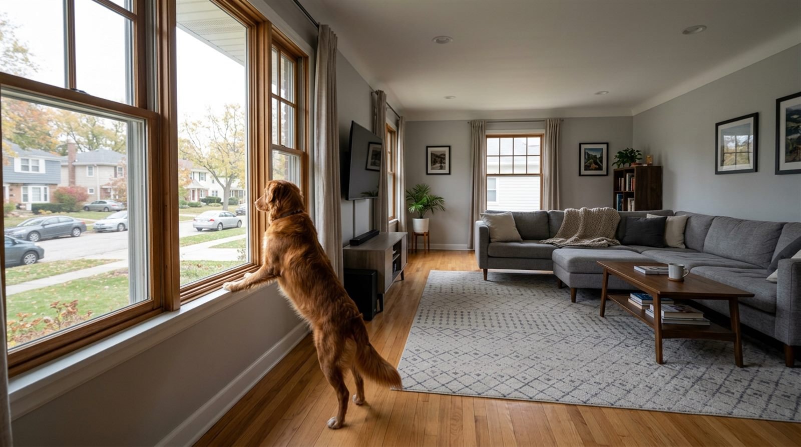 Dog home alone looking out of a living room window during the day