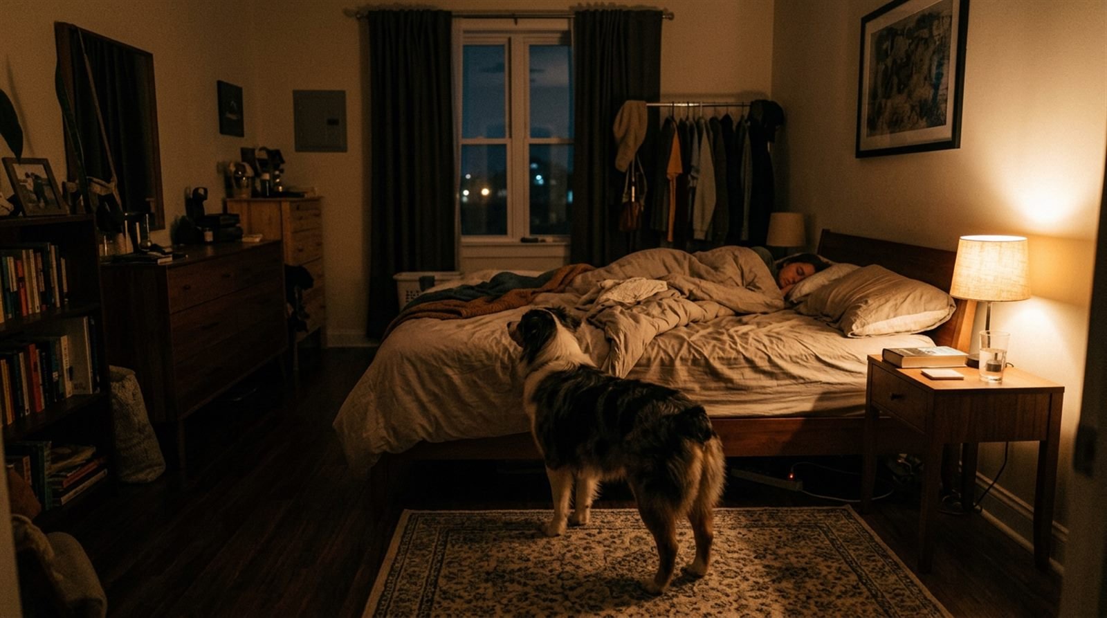 Dog awake and restless at night in a dimly lit bedroom