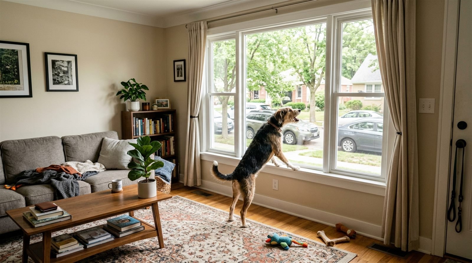 Dog standing at a front window of a living room barking at the street outside