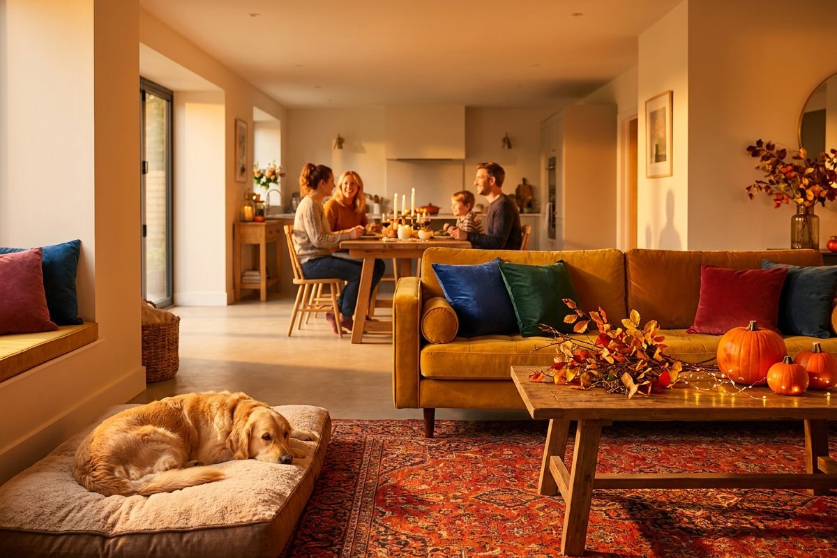 Senior golden retriever resting calmly on a dog bed in a cozy open living room while family gathers nearby