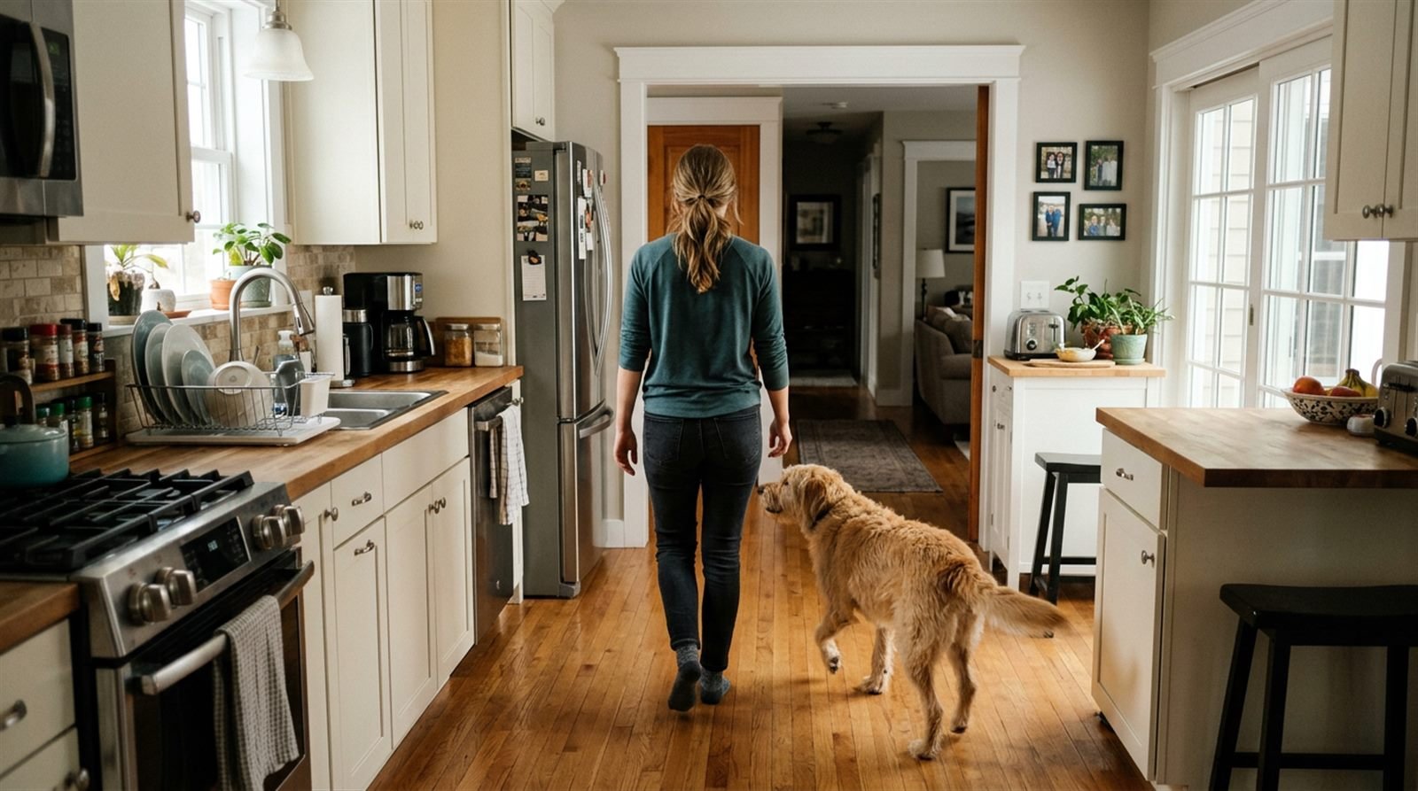 Dog following its owner through a kitchen doorway at home