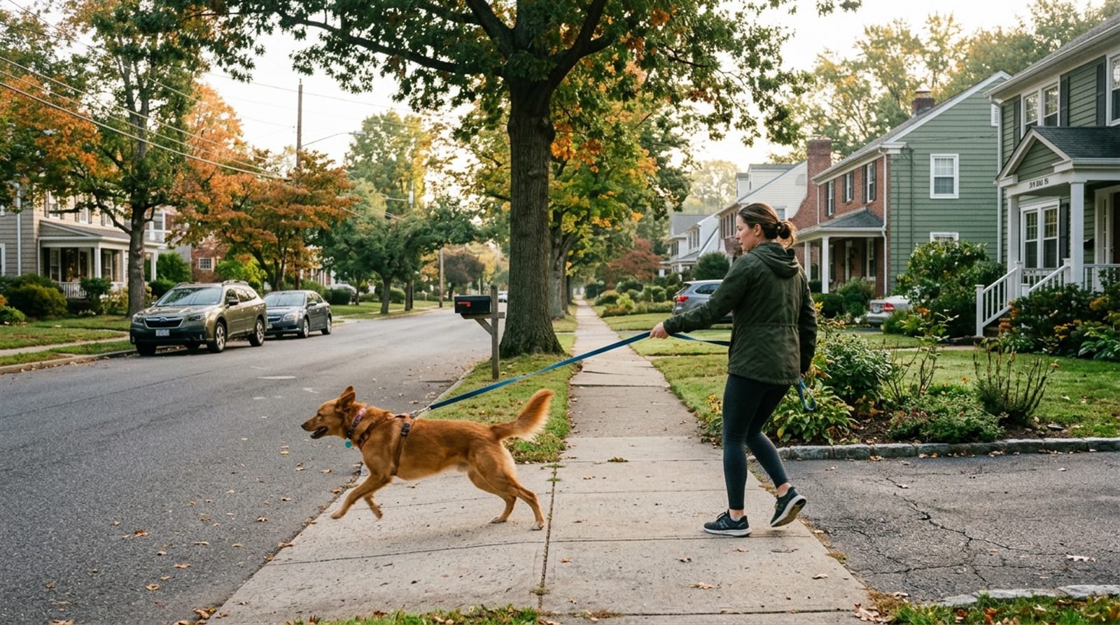 Dog pulling on its leash toward something ahead on a suburban sidewalk in the morning