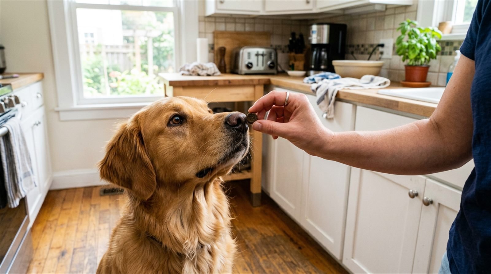 Hand offering a soft chew calming treat to a dog in a kitchen