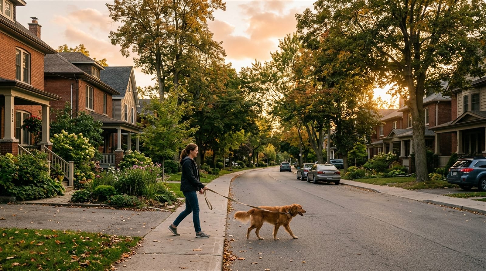 Owner walking a calm dog on a loose leash down a quiet street at golden hour