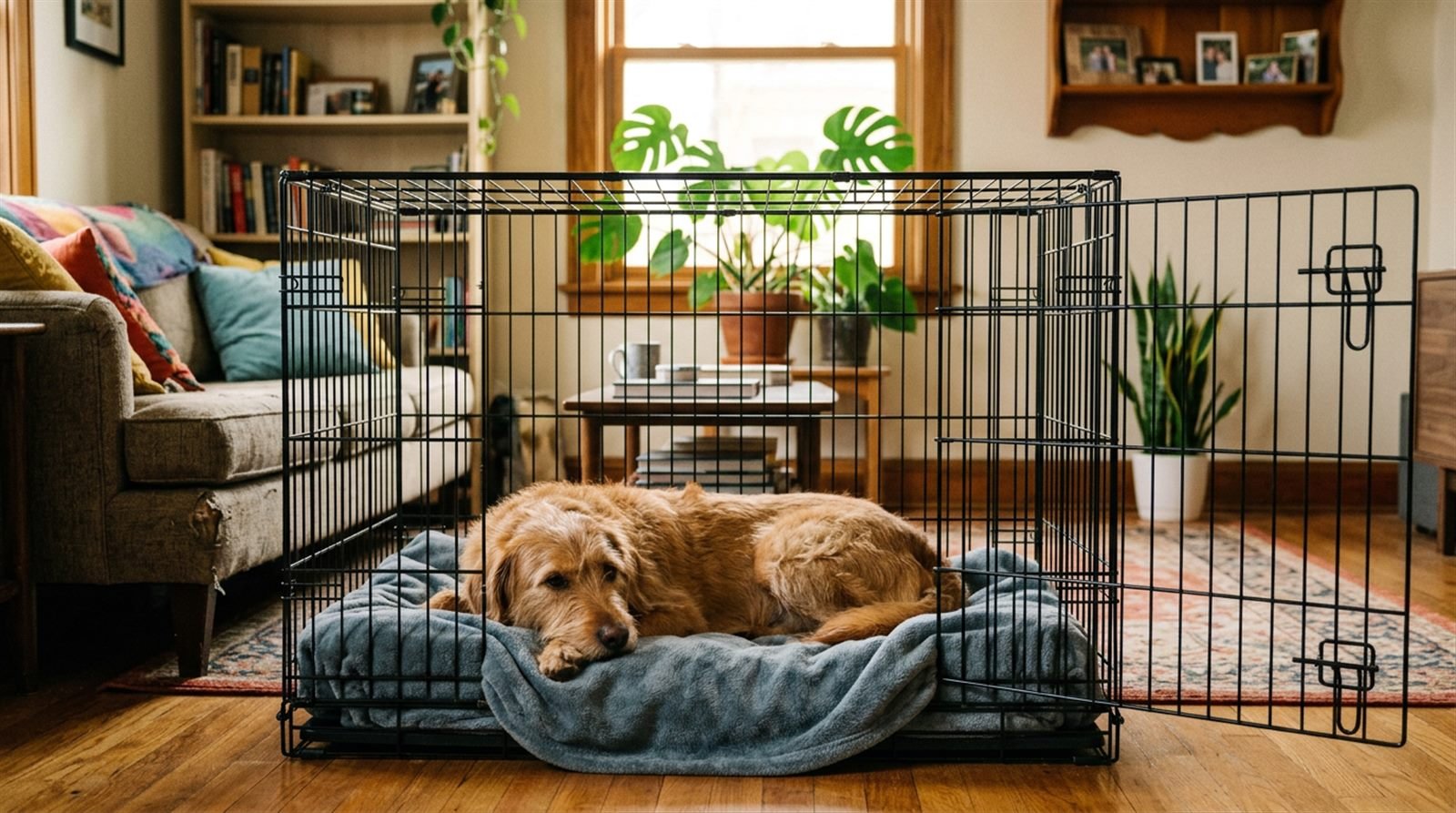 Relaxed dog lying inside an open crate in a living room at home