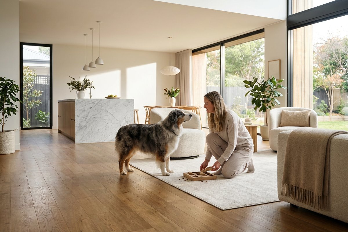Senior Australian Shepherd watching his owner set down a food puzzle toy in a bright kitchen