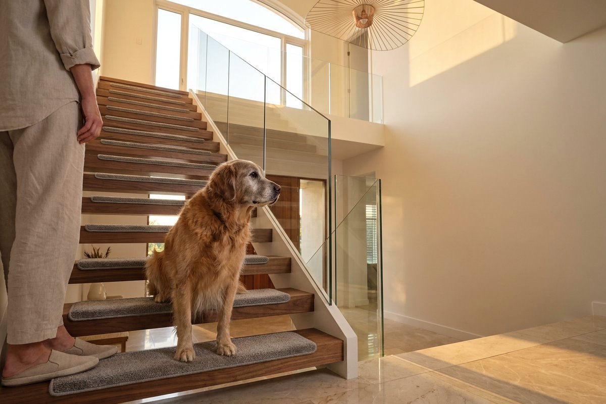 Senior dog with a gray muzzle standing on the first step of a wooden indoor staircase, looking up toward the landing