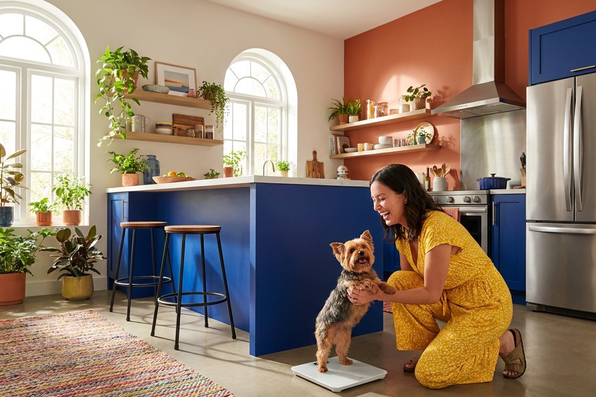 Healthy senior Yorkshire Terrier standing calmly on a bathroom scale while her owner holds her gently in a bright, colorful kitchen