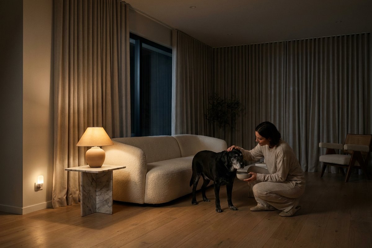 Senior black Labrador awake in a dim living room at night while his owner strokes his head and offers water