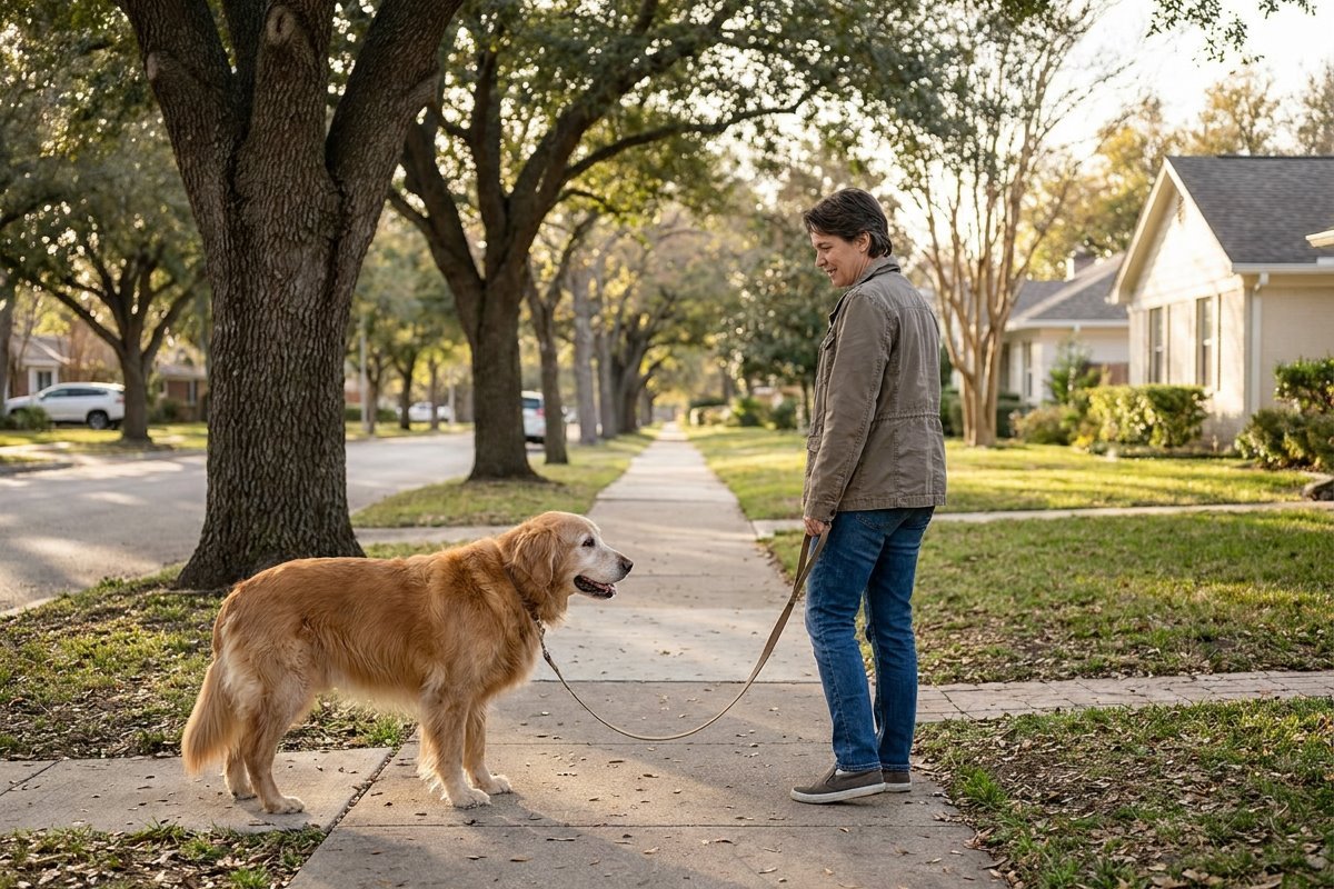 Older dog with a gray muzzle walking slowly on a leash along a quiet neighborhood path in soft morning light